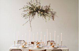 Image 15 - Minimal + simple wedding inspiration – hanging floral centerpiece, donut cake + stunning haley paige gown! in Styled Shoots.
